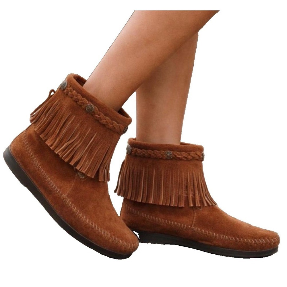 Minnetonka Women Brown Suede Hi Top Back Zip Fringe Moccasin Boots 292 Size 8